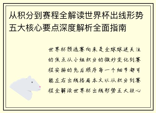 从积分到赛程全解读世界杯出线形势五大核心要点深度解析全面指南